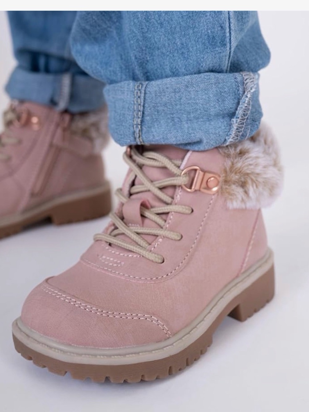 Kids Pink Faux-Fur Lace-Up Ankle Boots. Toddler size 8